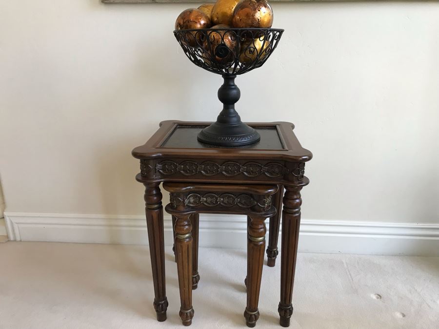 Contemporary Nesting Tables And Metal Footed Bowl With Faux Gold Tone Decorative Balls Table Measures 18'W X 16'D X 22'H [Photo 1]
