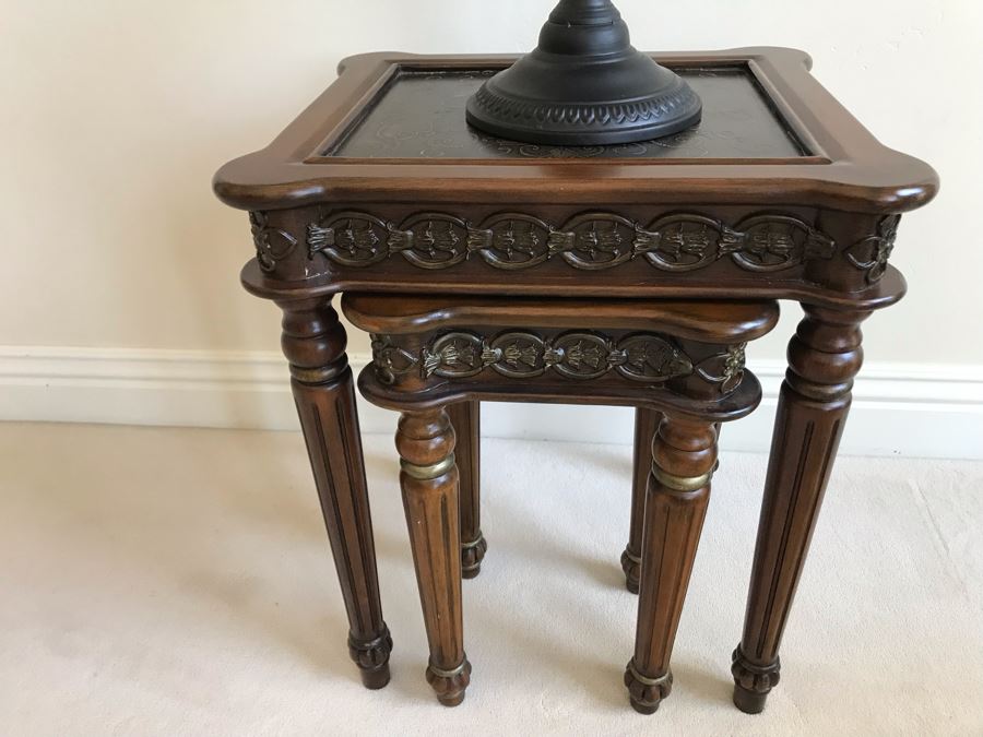 Contemporary Nesting Tables And Metal Footed Bowl With Faux Gold Tone Decorative Balls Table Measures 18'W X 16'D X 22'H [Photo 3]