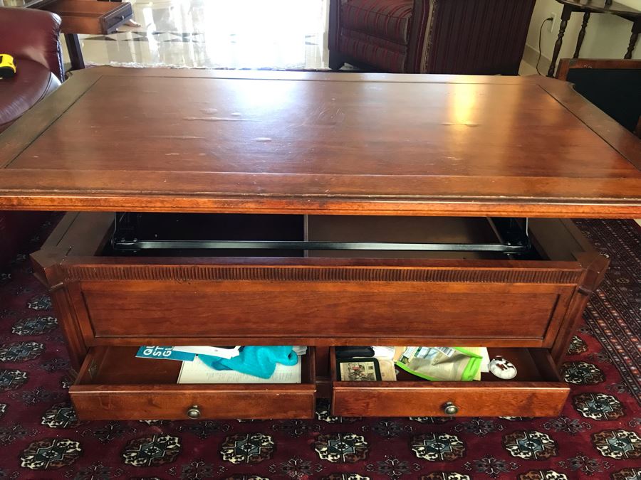 Bassett Furniture John Elway Collection Wooden Coffee Table With Adjustable Height Top And Drawers [Photo 6]