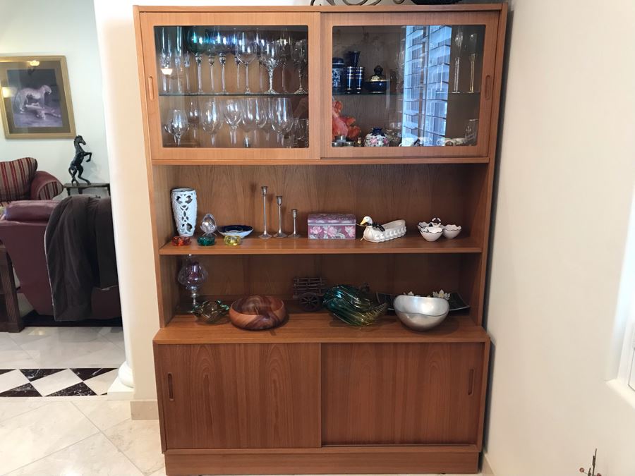 Danish Mid-Century Modern 2-Piece Office Bookcase China Cabinet Teak Veneer Over Plywood With Hutch