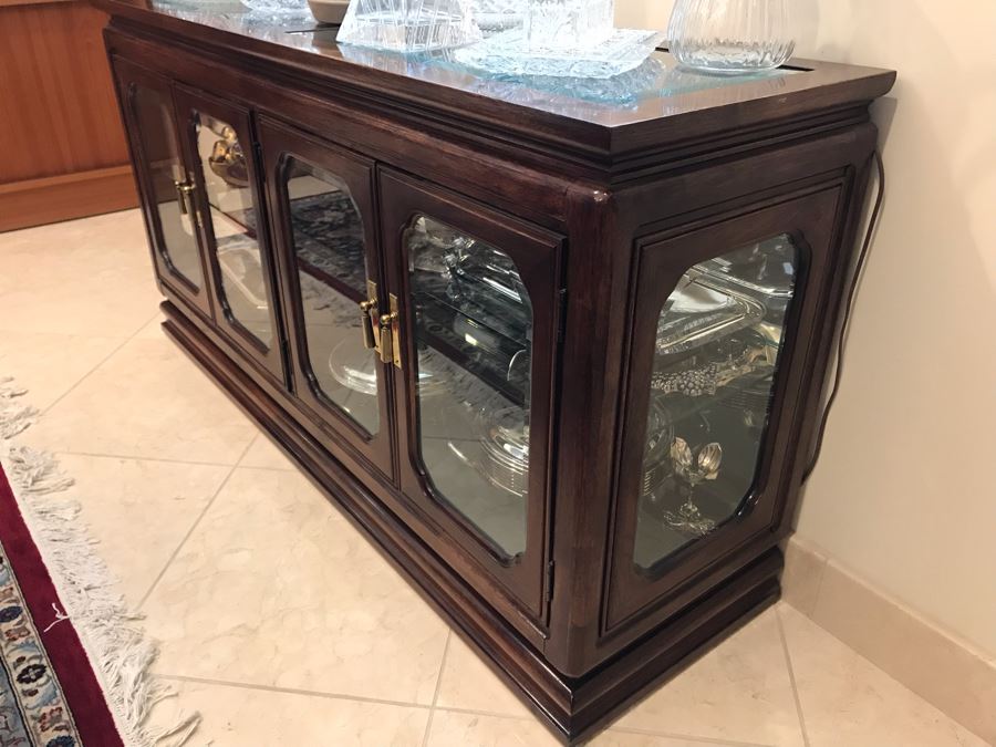 Vintage Thomasville Chinoiserie Wooden Sofa Table Display Cabinet With Up Lighting And Brass Pulls 56.5'W X 16.5'D X 29.5'H [Photo 10]