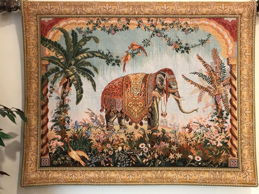 Ornate Elephant Wall Tapestry With Wooden Rod For Display 45'W X 36'H