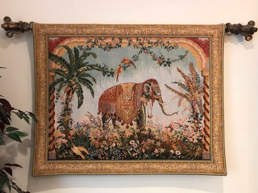 Ornate Elephant Wall Tapestry With Wooden Rod For Display 45'W X 36'H [Photo 1]
