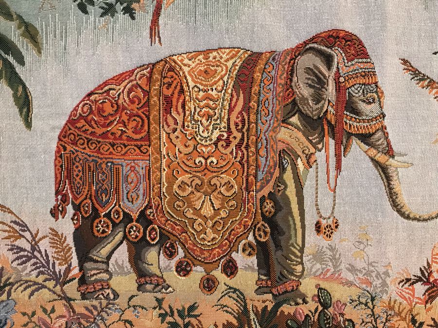 Ornate Elephant Wall Tapestry With Wooden Rod For Display 45'W X 36'H