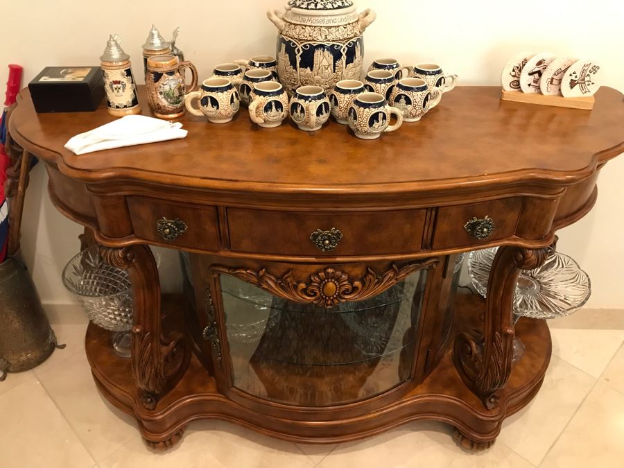 Pulaski Furniture Ornate Sideboard Cabinet Table With Drawers And Lighted Display Cabinet 62'W X 22'D X 38.5'H [Photo 4]