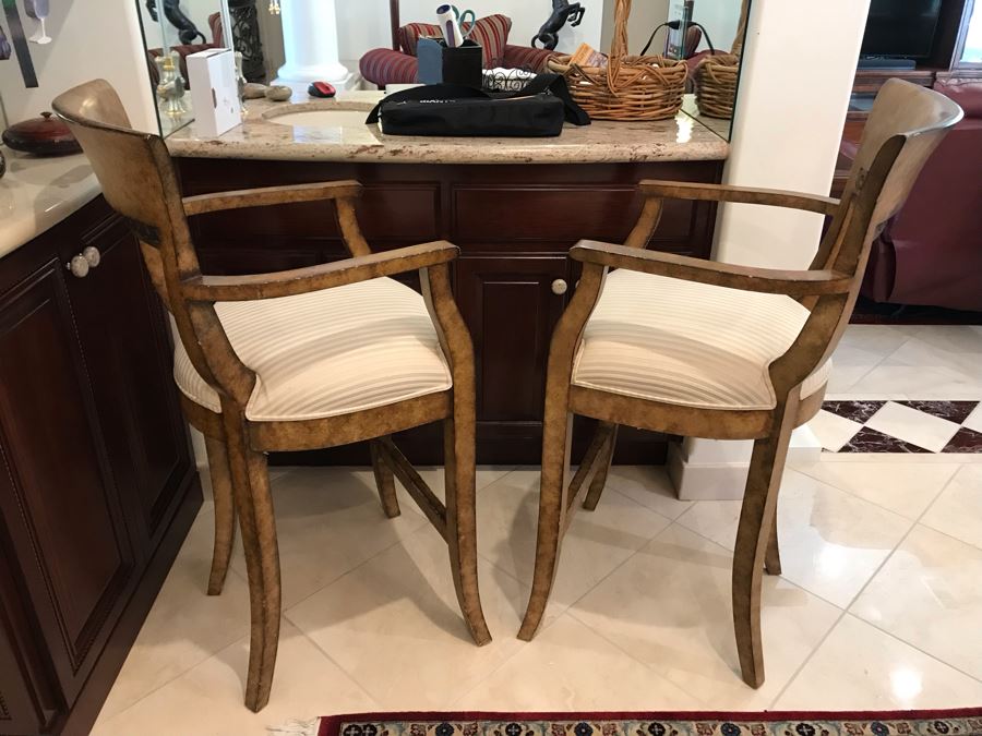 Pair Of Bar Height Wooden Bar Stools 45.5'TH X 36'H Of Arm X 30'H Seat Cushion [Photo 3]