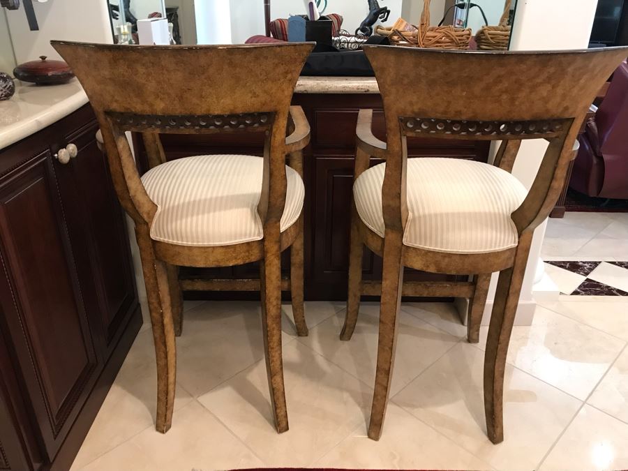 Pair Of Bar Height Wooden Bar Stools 45.5'TH X 36'H Of Arm X 30'H Seat Cushion [Photo 5]