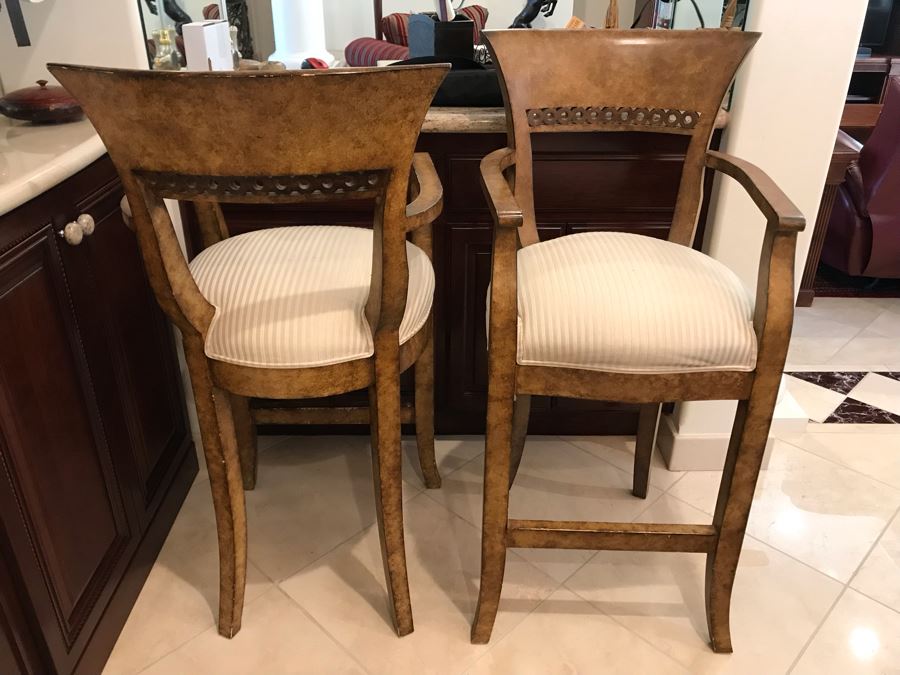 Pair Of Bar Height Wooden Bar Stools 45.5'TH X 36'H Of Arm X 30'H Seat Cushion [Photo 1]