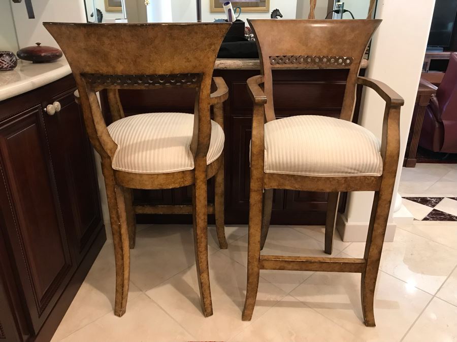 Pair Of Bar Height Wooden Bar Stools 45.5'TH X 36'H Of Arm X 30'H Seat Cushion [Photo 6]