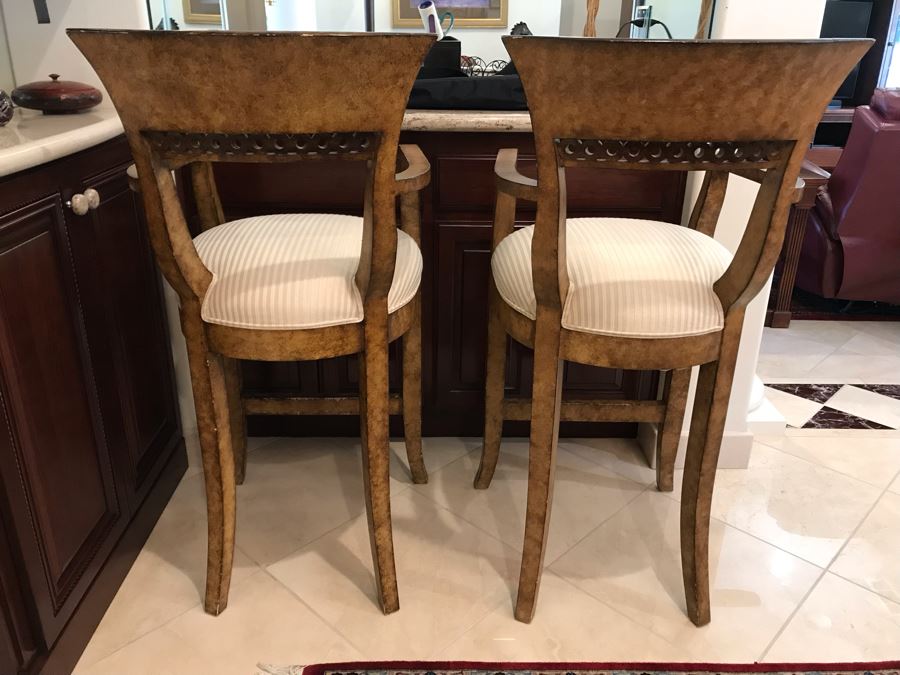Pair Of Bar Height Wooden Bar Stools 45.5'TH X 36'H Of Arm X 30'H Seat Cushion [Photo 4]