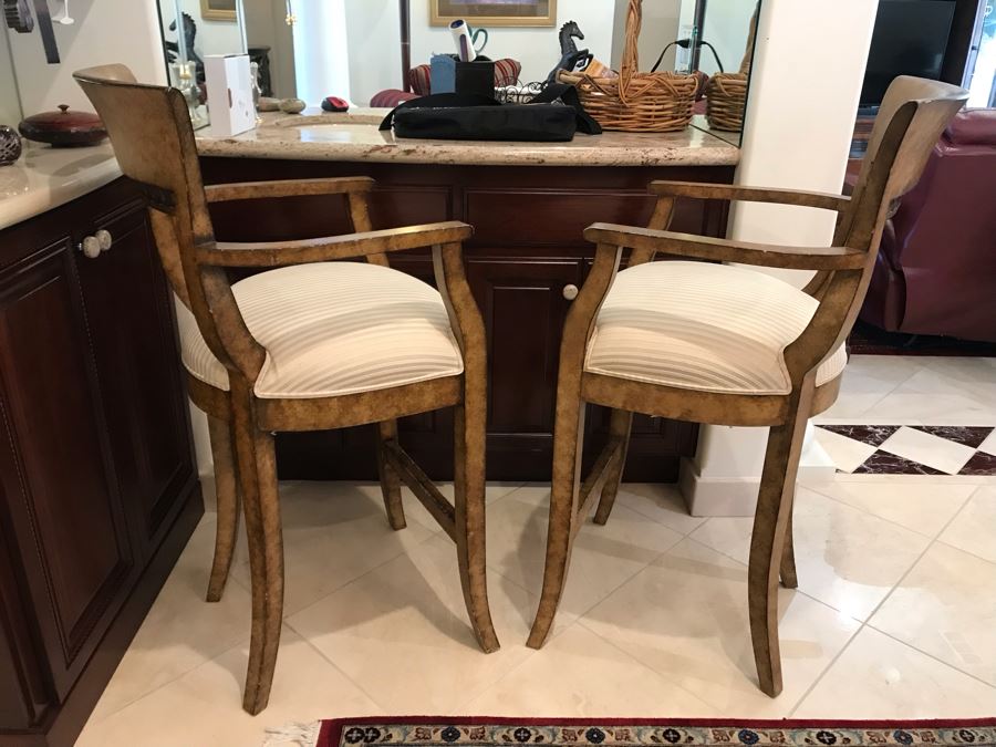 Pair Of Bar Height Wooden Bar Stools 45.5'TH X 36'H Of Arm X 30'H Seat Cushion [Photo 2]