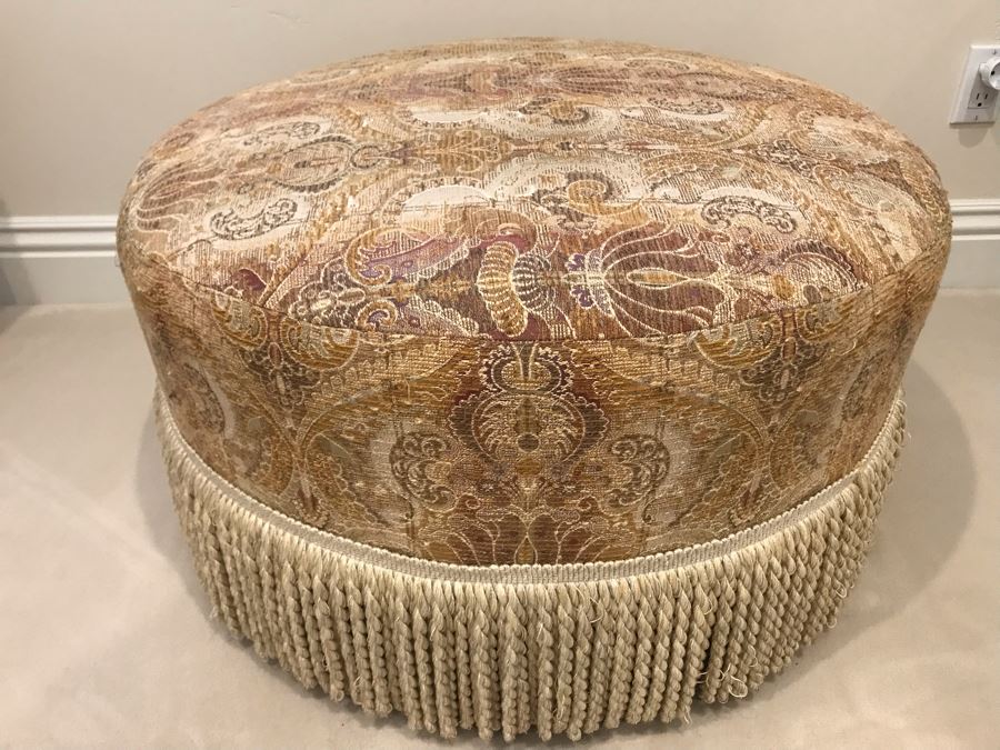 Upholstered Round 31'R Stool With Wooden Feet Large Matching Throw Pillows [Photo 2]