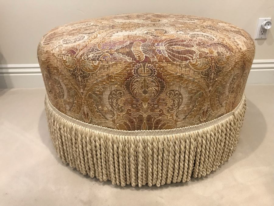 Upholstered Round 31'R Stool With Wooden Feet Large Matching Throw Pillows [Photo 4]
