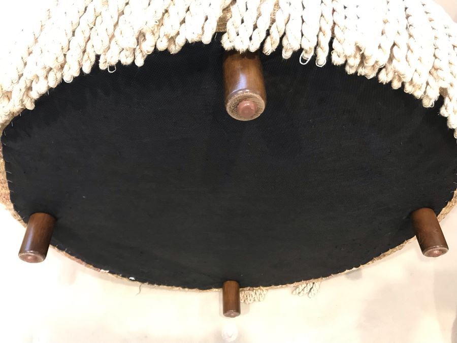 Upholstered Round 31'R Stool With Wooden Feet Large Matching Throw Pillows [Photo 8]