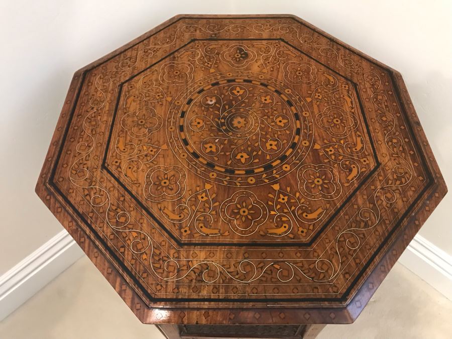 Stunning Vintage Moroccan Wooden Detailed Inlay Side Table - Note Some Of The Detailed Floral Wood Carvings On Base Are Missing 23'W X 24'H [Photo 3]