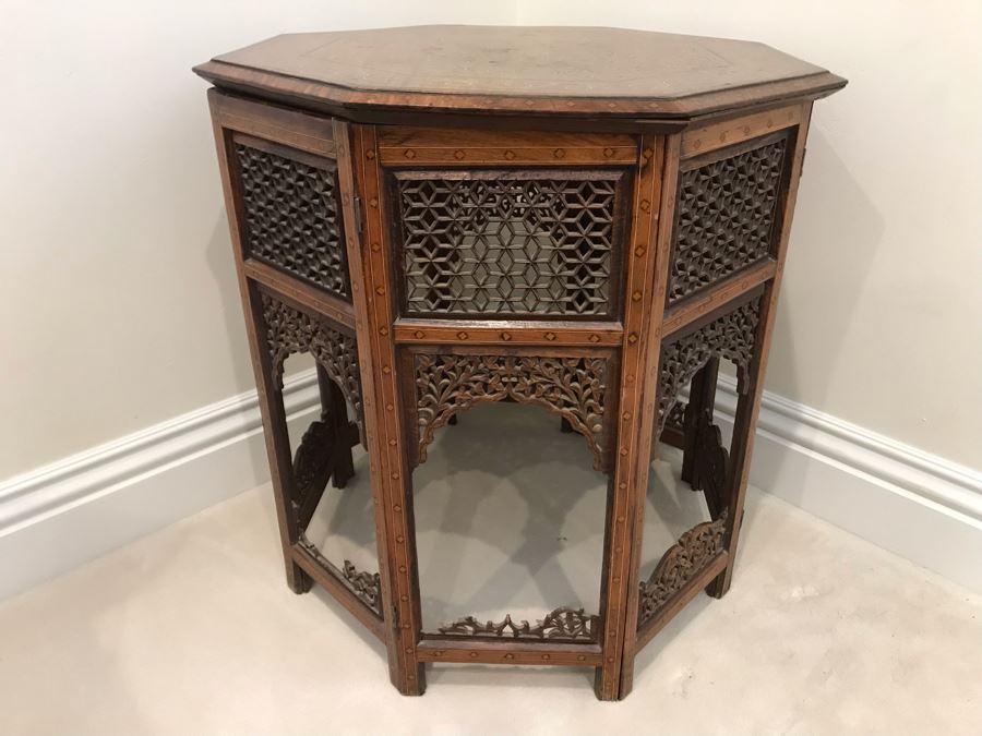 Stunning Vintage Moroccan Wooden Detailed Inlay Side Table - Note Some Of The Detailed Floral Wood Carvings On Base Are Missing 23'W X 24'H [Photo 2]