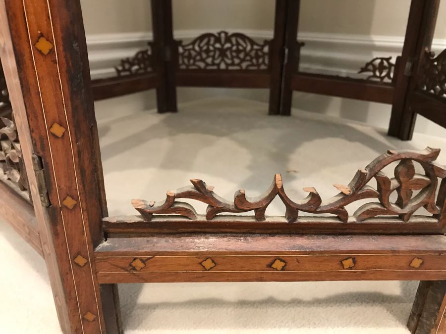 Stunning Vintage Moroccan Wooden Detailed Inlay Side Table - Note Some Of The Detailed Floral Wood Carvings On Base Are Missing 23'W X 24'H [Photo 9]