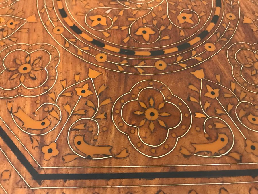 Stunning Vintage Moroccan Wooden Detailed Inlay Side Table - Note Some Of The Detailed Floral Wood Carvings On Base Are Missing 23'W X 24'H [Photo 5]