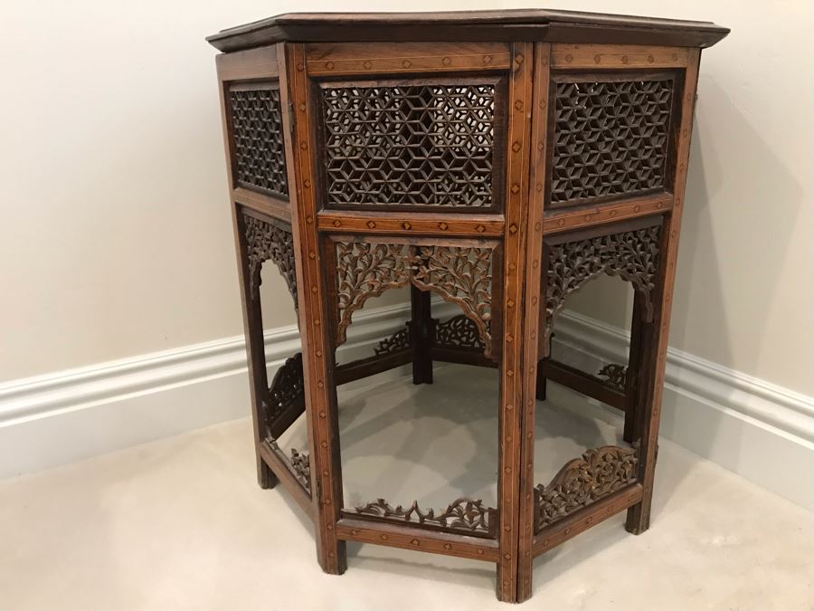Stunning Vintage Moroccan Wooden Detailed Inlay Side Table - Note Some Of The Detailed Floral Wood Carvings On Base Are Missing 23'W X 24'H [Photo 8]
