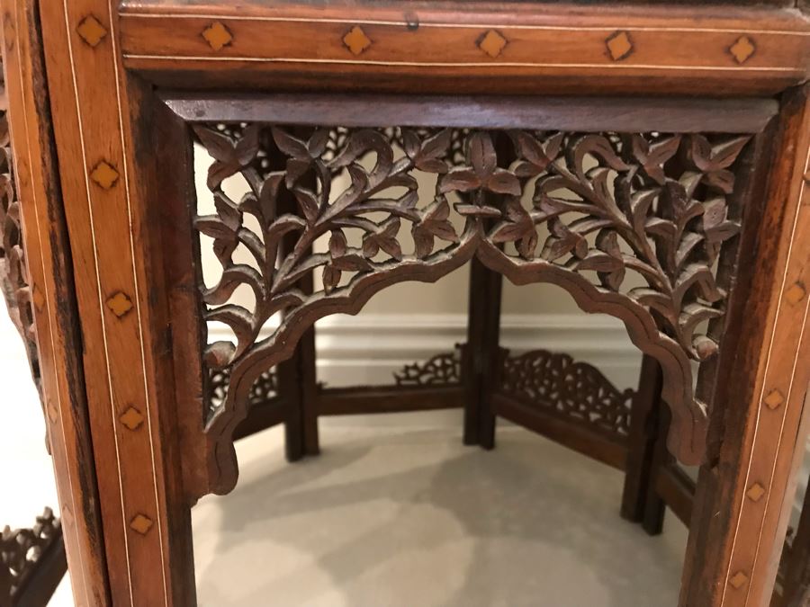 Stunning Vintage Moroccan Wooden Detailed Inlay Side Table - Note Some Of The Detailed Floral Wood Carvings On Base Are Missing 23'W X 24'H [Photo 16]