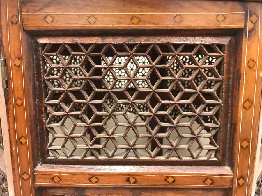 Stunning Vintage Moroccan Wooden Detailed Inlay Side Table - Note Some Of The Detailed Floral Wood Carvings On Base Are Missing 23'W X 24'H [Photo 11]