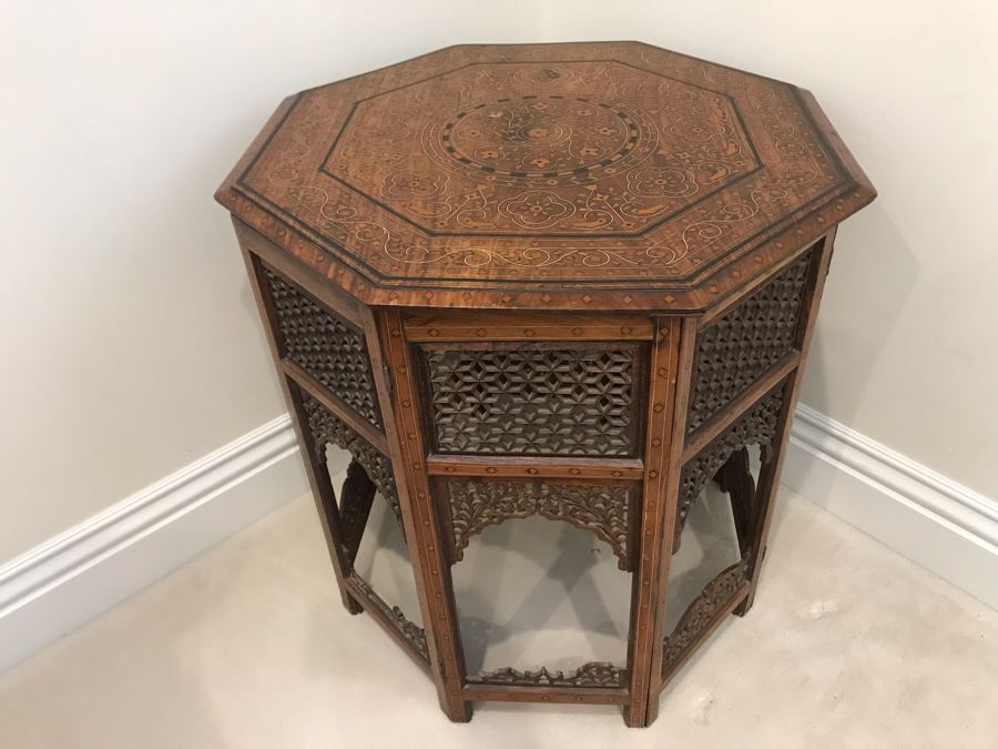 Stunning Vintage Moroccan Wooden Detailed Inlay Side Table - Note Some Of The Detailed Floral Wood Carvings On Base Are Missing 23'W X 24'H [Photo 1]