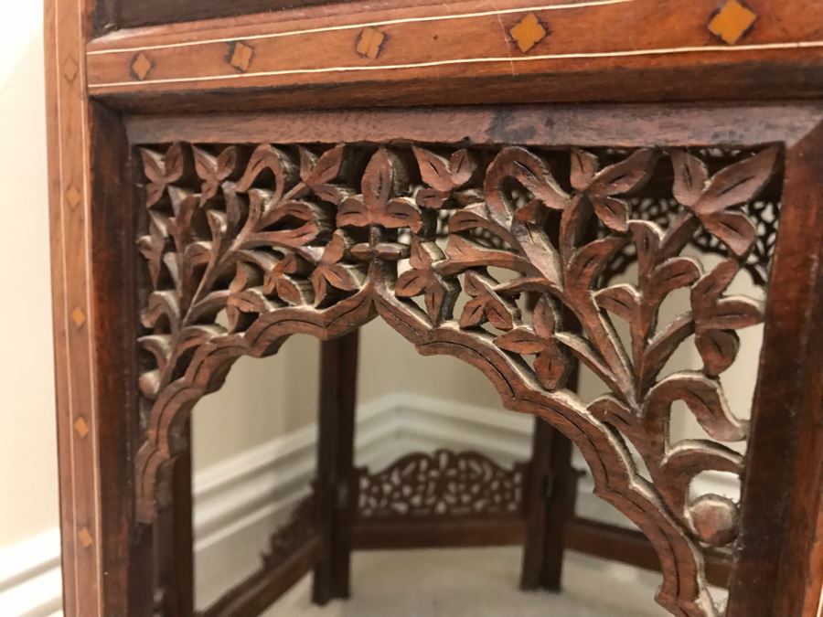 Stunning Vintage Moroccan Wooden Detailed Inlay Side Table - Note Some Of The Detailed Floral Wood Carvings On Base Are Missing 23'W X 24'H [Photo 12]