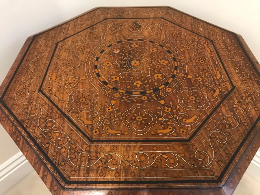 Stunning Vintage Moroccan Wooden Detailed Inlay Side Table - Note Some Of The Detailed Floral Wood Carvings On Base Are Missing 23'W X 24'H [Photo 4]
