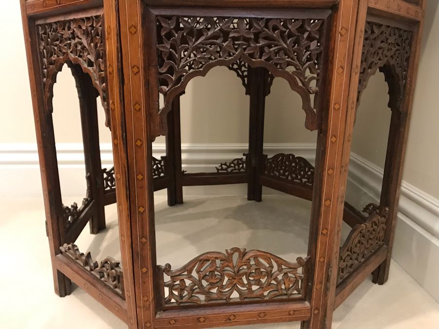 Stunning Vintage Moroccan Wooden Detailed Inlay Side Table - Note Some Of The Detailed Floral Wood Carvings On Base Are Missing 23'W X 24'H [Photo 15]