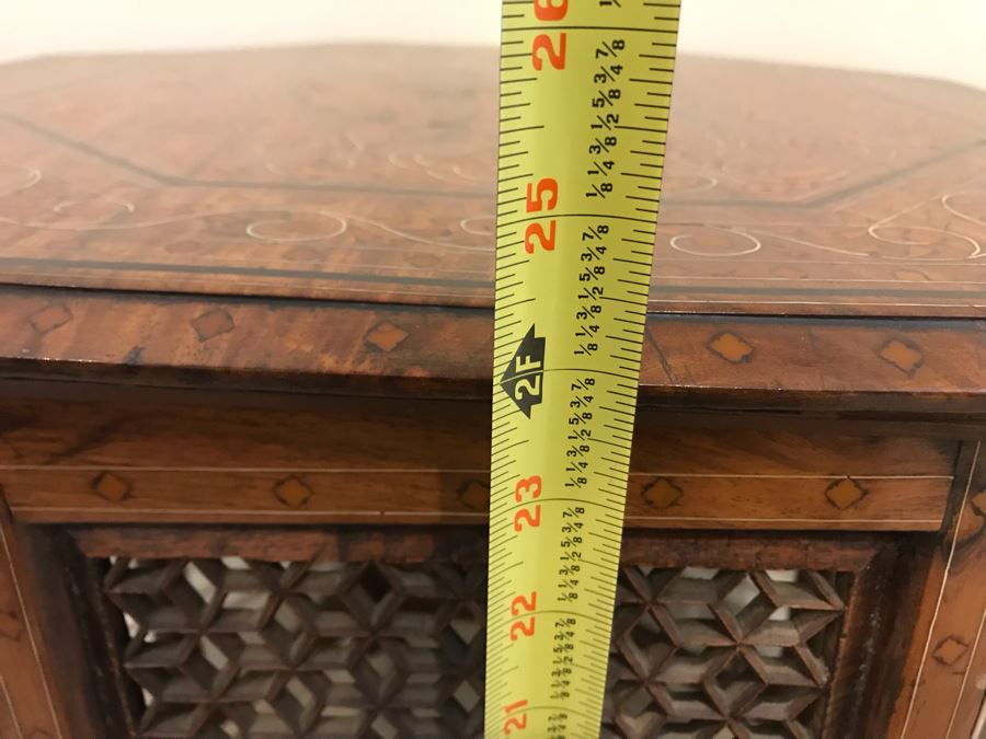 Stunning Vintage Moroccan Wooden Detailed Inlay Side Table - Note Some Of The Detailed Floral Wood Carvings On Base Are Missing 23'W X 24'H [Photo 19]