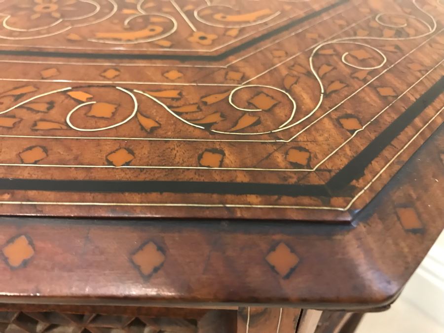 Stunning Vintage Moroccan Wooden Detailed Inlay Side Table - Note Some Of The Detailed Floral Wood Carvings On Base Are Missing 23'W X 24'H [Photo 7]