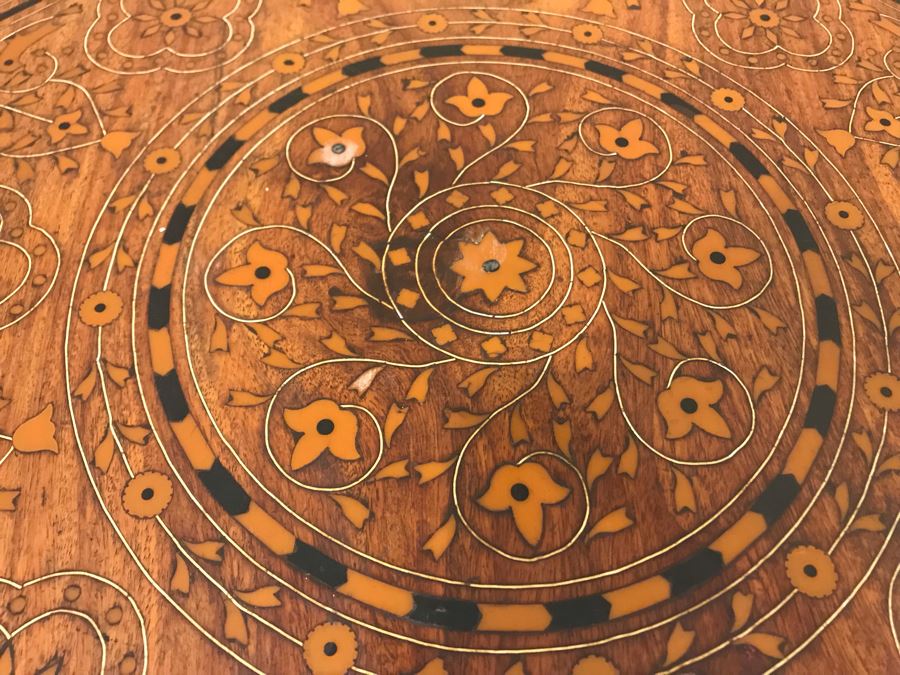 Stunning Vintage Moroccan Wooden Detailed Inlay Side Table - Note Some Of The Detailed Floral Wood Carvings On Base Are Missing 23'W X 24'H [Photo 6]