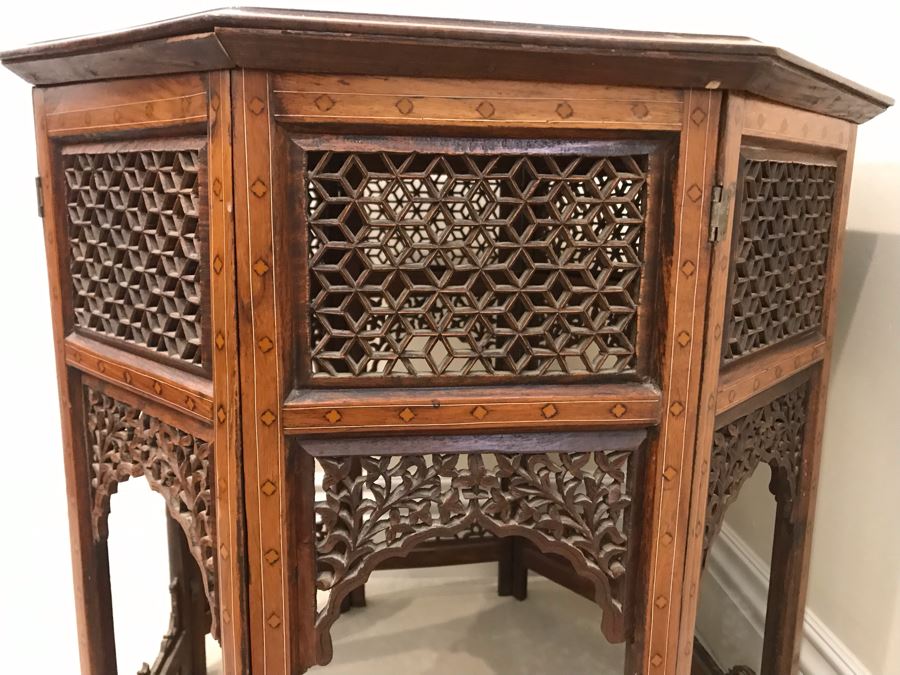 Stunning Vintage Moroccan Wooden Detailed Inlay Side Table - Note Some Of The Detailed Floral Wood Carvings On Base Are Missing 23'W X 24'H [Photo 14]