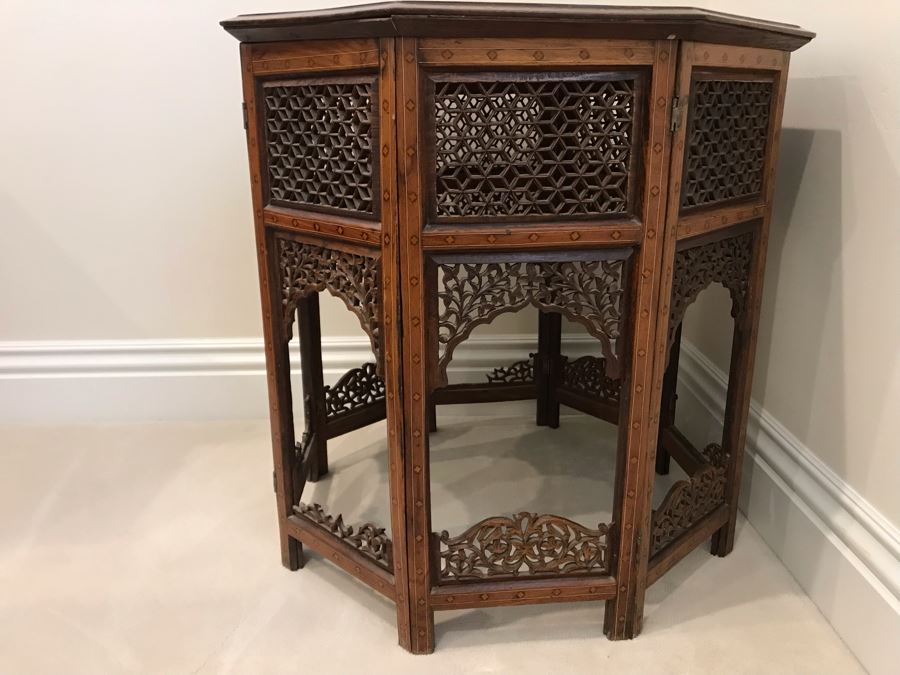 Stunning Vintage Moroccan Wooden Detailed Inlay Side Table - Note Some Of The Detailed Floral Wood Carvings On Base Are Missing 23'W X 24'H [Photo 13]