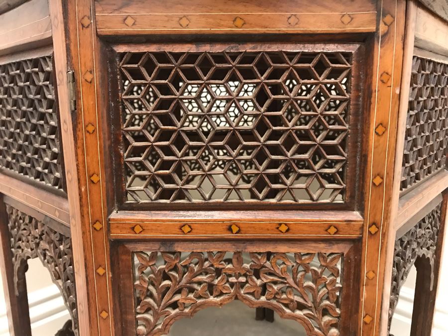 Stunning Vintage Moroccan Wooden Detailed Inlay Side Table - Note Some Of The Detailed Floral Wood Carvings On Base Are Missing 23'W X 24'H [Photo 10]