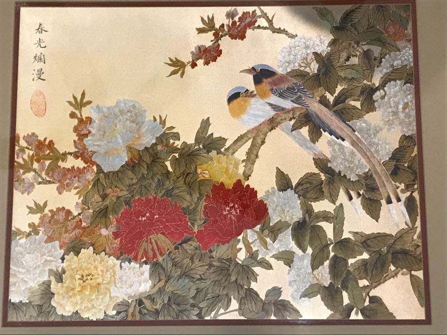 Framed Asian Signed Artwork Floral Scene With Pair Of Birds 26.5'W X 22.5'H [Photo 2]