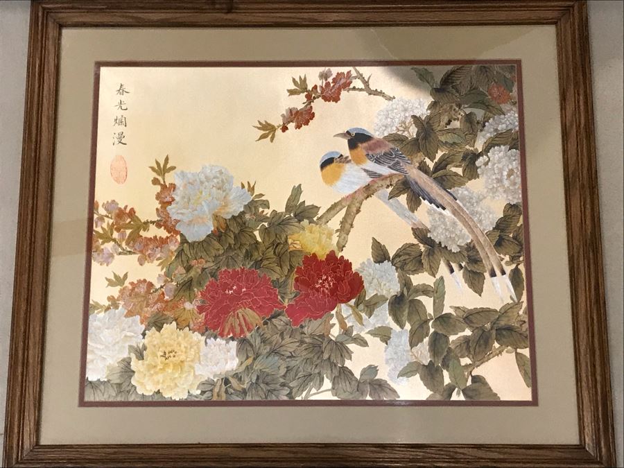 Framed Asian Signed Artwork Floral Scene With Pair Of Birds 26.5'W X 22.5'H