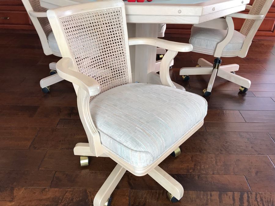 Wooden Pedestal Card Gaming Poker Table With Removable Top Exposing Bumper Pool Table With (4) Chairs, Pool Balls And 2 Pool Sticks 54'W X 30'H [Photo 12]