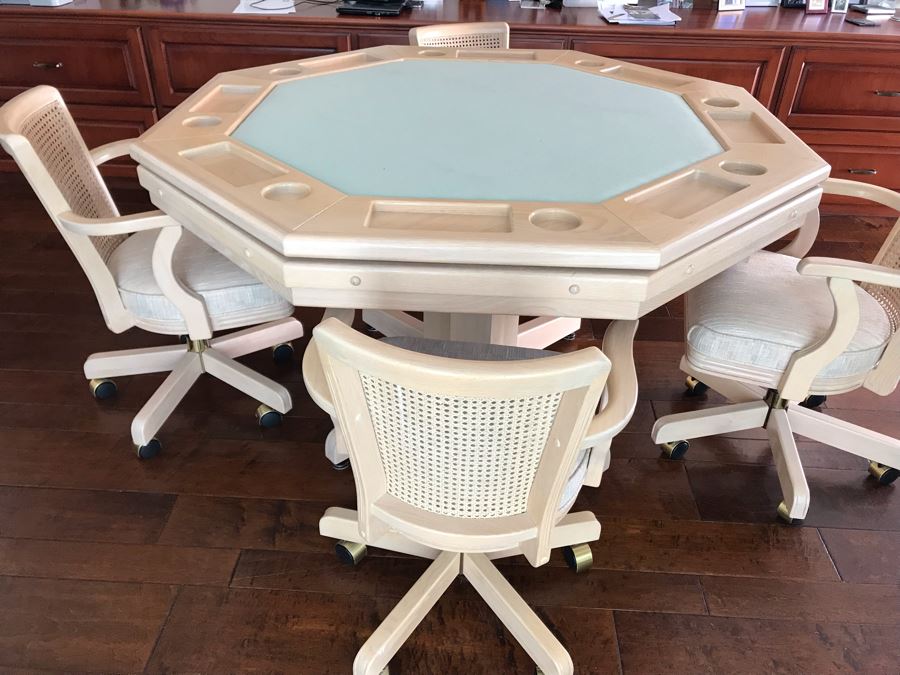 Wooden Pedestal Card Gaming Poker Table With Removable Top Exposing Bumper Pool Table With (4) Chairs, Pool Balls And 2 Pool Sticks 54'W X 30'H [Photo 18]