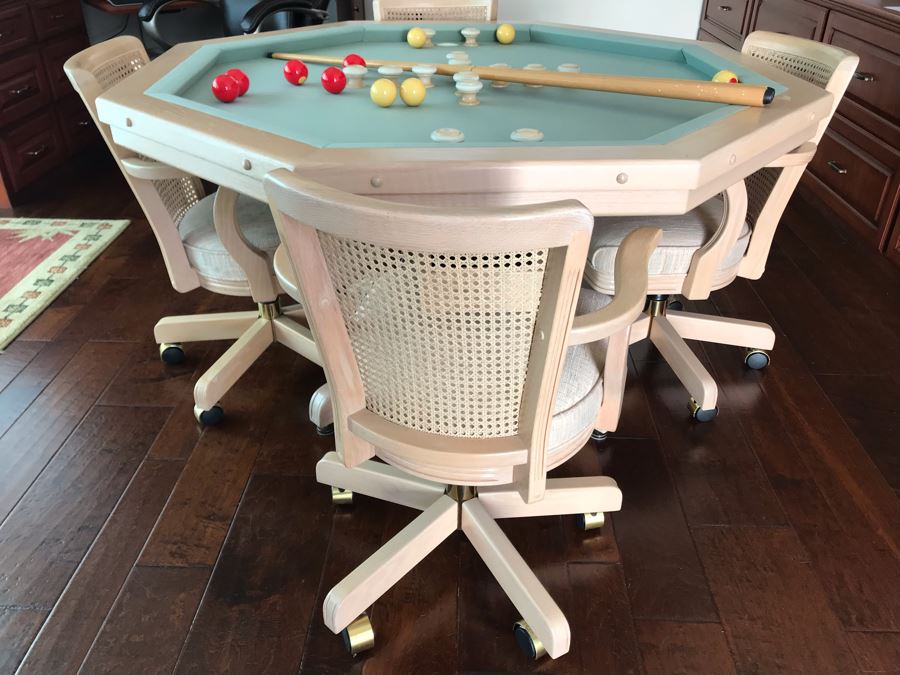 Wooden Pedestal Card Gaming Poker Table With Removable Top Exposing Bumper Pool Table With (4) Chairs, Pool Balls And 2 Pool Sticks 54'W X 30'H [Photo 3]