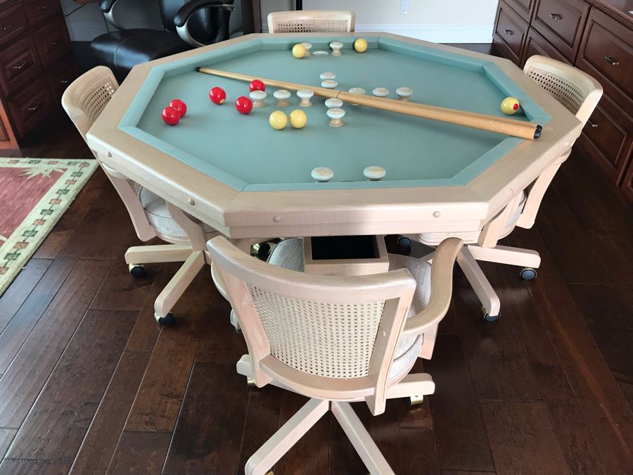 Wooden Pedestal Card Gaming Poker Table With Removable Top Exposing Bumper Pool Table With (4) Chairs, Pool Balls And 2 Pool Sticks 54'W X 30'H [Photo 1]
