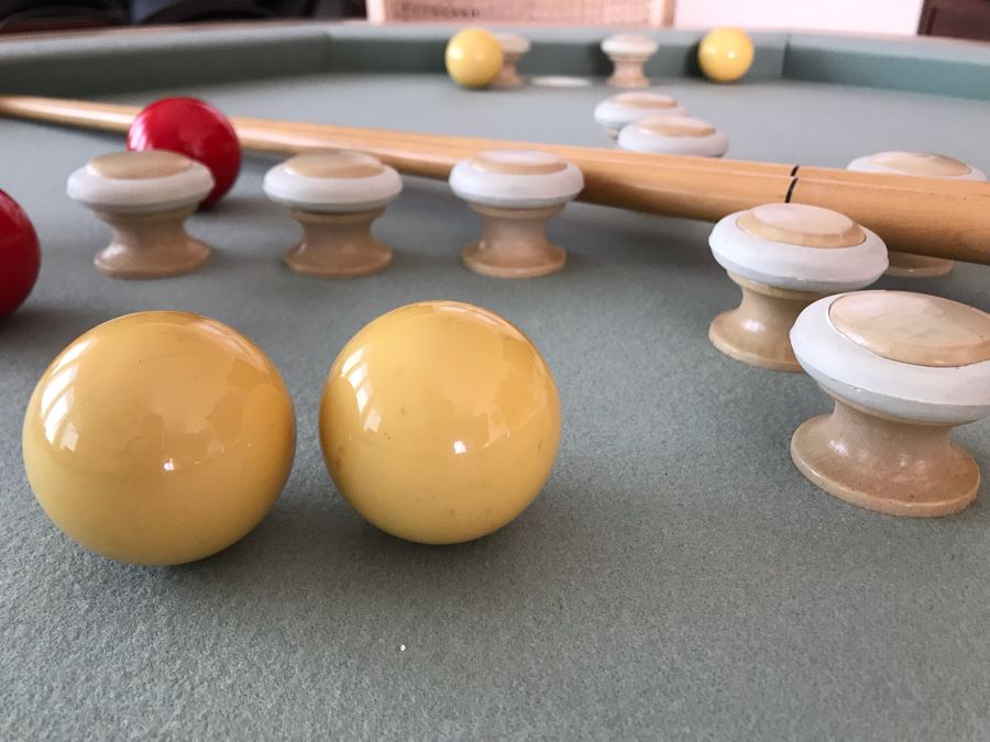 Wooden Pedestal Card Gaming Poker Table With Removable Top Exposing Bumper Pool Table With (4) Chairs, Pool Balls And 2 Pool Sticks 54'W X 30'H [Photo 5]