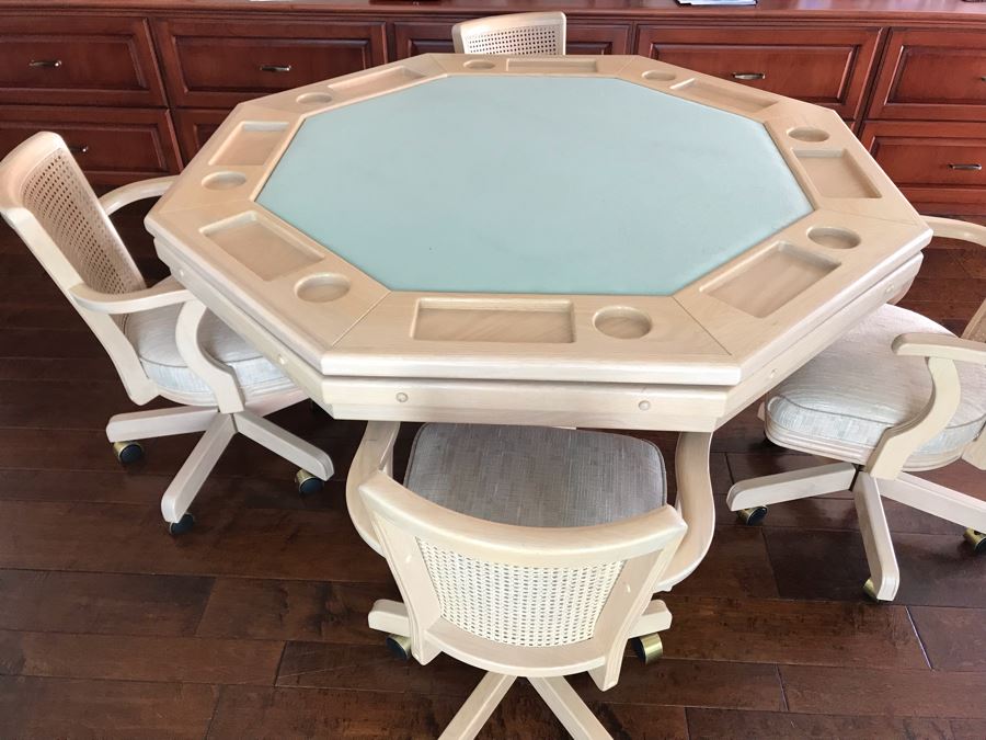 Wooden Pedestal Card Gaming Poker Table With Removable Top Exposing Bumper Pool Table With (4) Chairs, Pool Balls And 2 Pool Sticks 54'W X 30'H [Photo 17]