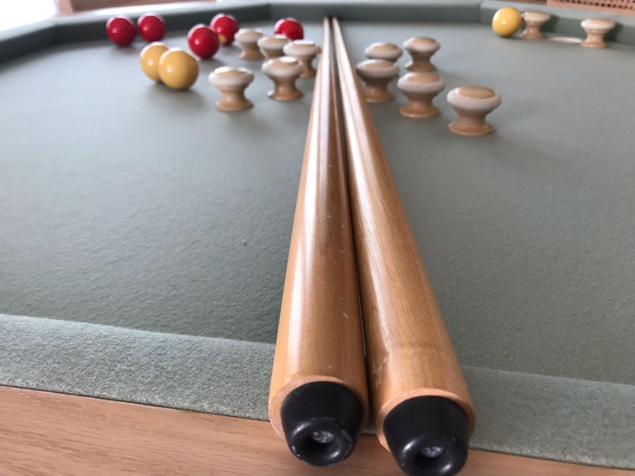 Wooden Pedestal Card Gaming Poker Table With Removable Top Exposing Bumper Pool Table With (4) Chairs, Pool Balls And 2 Pool Sticks 54'W X 30'H [Photo 6]