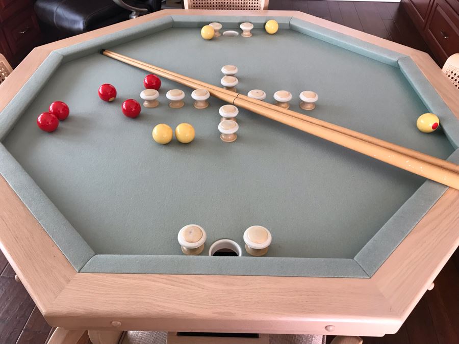 Wooden Pedestal Card Gaming Poker Table With Removable Top Exposing Bumper Pool Table With (4) Chairs, Pool Balls And 2 Pool Sticks 54'W X 30'H [Photo 4]