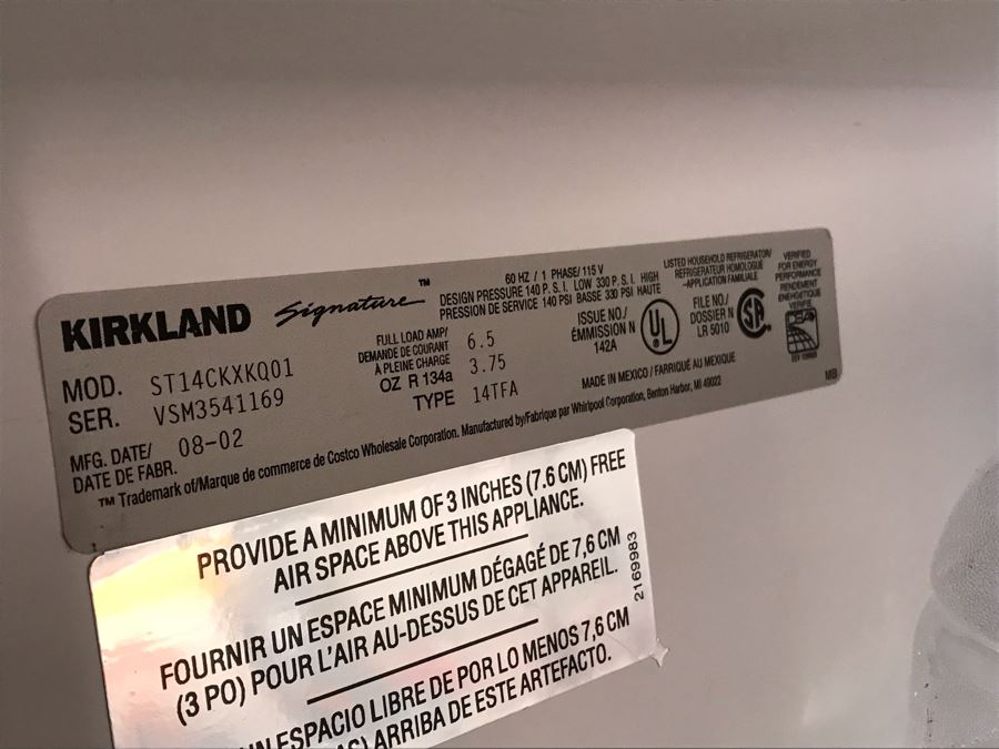Kirkland Signature By Whirlpool Refrigerator Model ST14CKXKQ01