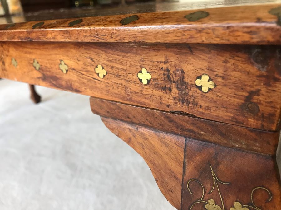 Detailed Moroccan Brass Inlay Wooden Coffee Table 42' X 19' [Photo 9]