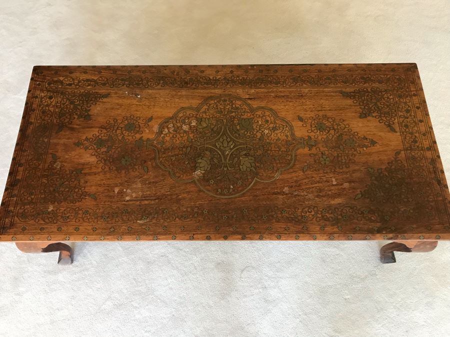 Detailed Moroccan Brass Inlay Wooden Coffee Table 42' X 19' [Photo 2]