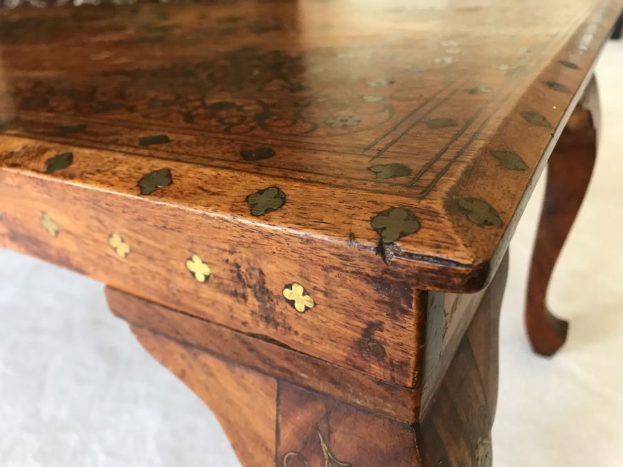 Detailed Moroccan Brass Inlay Wooden Coffee Table 42' X 19' [Photo 10]