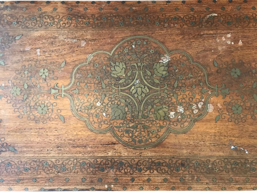 Detailed Moroccan Brass Inlay Wooden Coffee Table 42' X 19' [Photo 19]